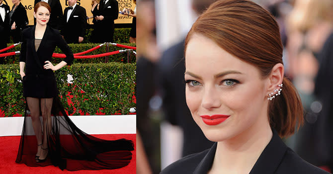 Emma Stone at the 2015 SAG Awards in a diamond Repossi ear cuff and a Dior jacket and gown. Photo Ethan Miller/Getty Images; Jon Kopaloff/FilmMagic