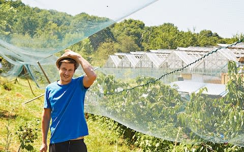 Danny Fisher in front of the glasshouses at Organiclea - Credit: Harriet Clare