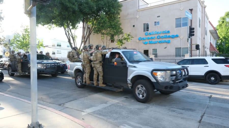Truckloads of SWAT Team members surrounded a Canoga Park neighborhood on May 7, 2024. (TNLA)