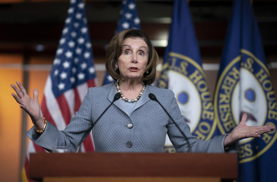 Speaker of the House Nancy Pelosi, D-Calif., speaks during a news conference on Capitol Hill in Washington, Thursday, Feb. 27, 2020. (AP Photo/J. Scott Applewhite)