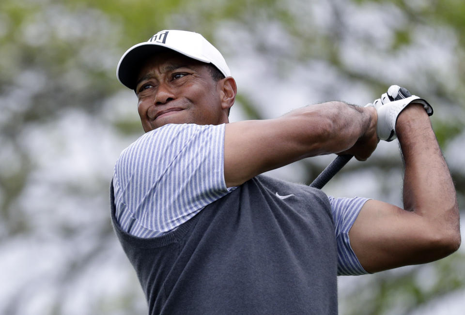 FILE - In this March 29, 2019, file photo Tiger Woods watches his drive on the sixth hole during round-robin play at the Dell Technologies Match Play Championship golf tournament, in Austin, Texas. The Los Angeles County sheriff says detectives have determined what caused Woods to crash his SUV last month in Southern California but would not release details on Wednesday, March 31, 2021, citing privacy concerns for the golf star. (AP Photo/Eric Gay, File)