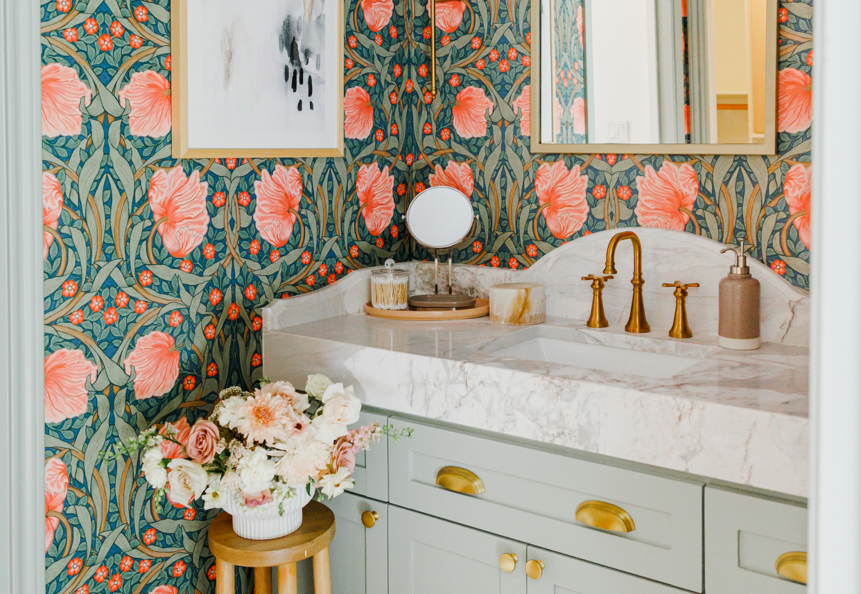 Floral Bathroom With Mint Green Vanity