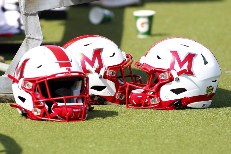 OXFORD, OHIO - SEPTEMBER 28: A Miami of Ohio RedHawks helmet on the sidelines in the game against the Buffalo Bulls on September 28, 2019 in Oxford, Ohio. (Photo by Justin Casterline/Getty Images)