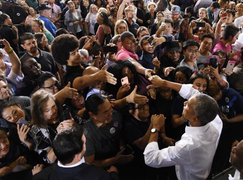 Barack Obama greets supporters after speaking in Las Vegas.