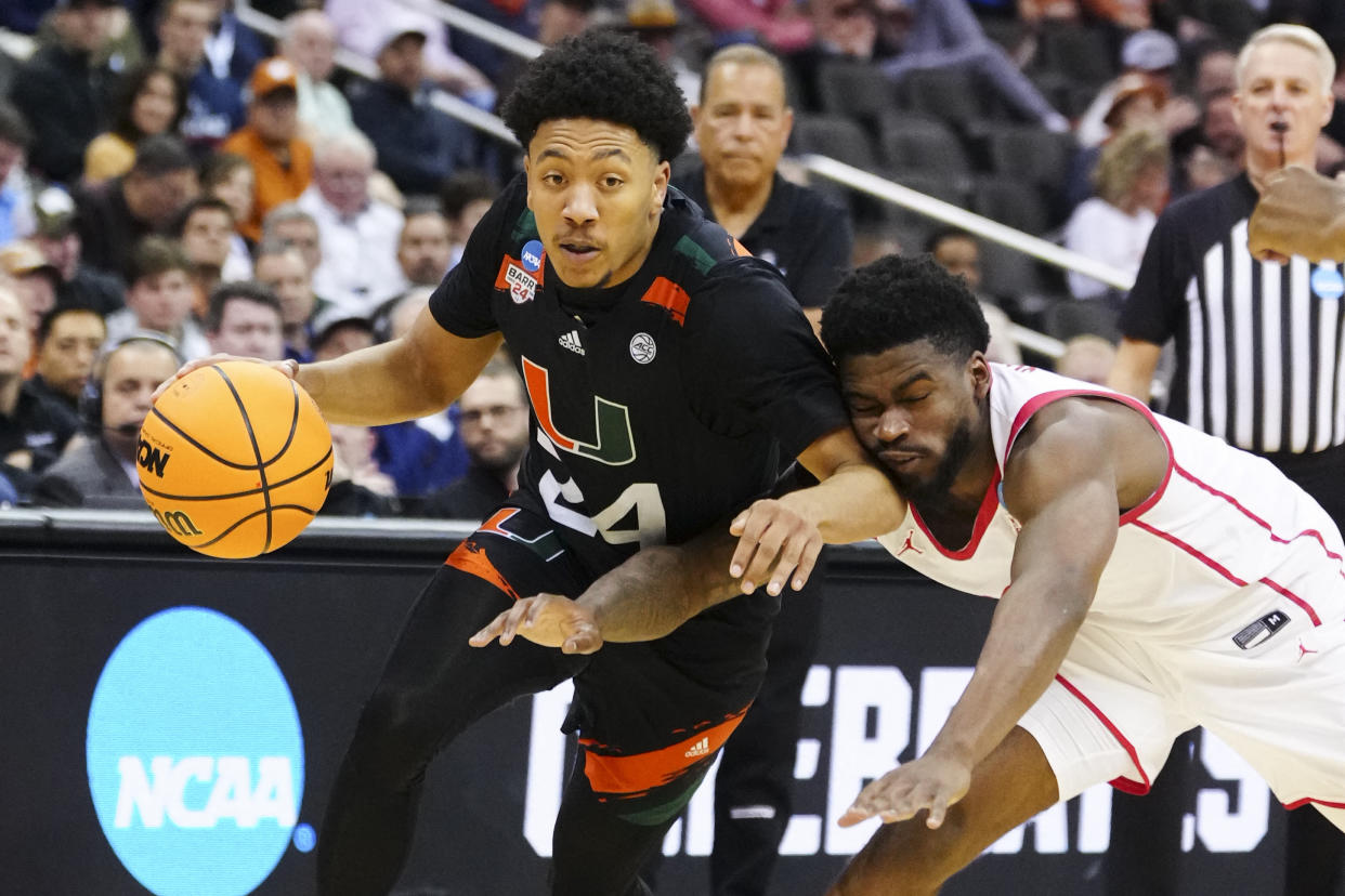 Miami guard Nijel Pack (24) led his team to an upset win over Houston in the NCAA tournament Sweet 16 on Friday in Kansas City, Mo. (Jay Biggerstaff-USA TODAY Sports)