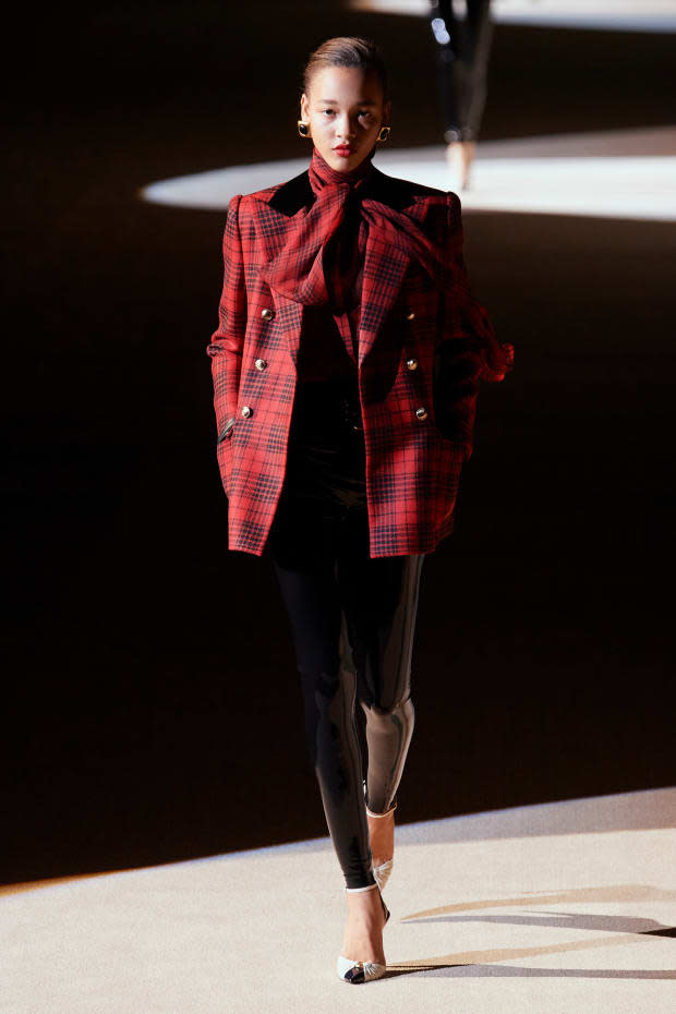 <p><strong>Saint Laurent:</strong> "This look really took us by surprise because Anthony Vaccarello really elevated the Saint Laurent collection with his latest runway. We will be sure to have lots of 'Sloane Ranger'-inspired preppy menswear fabrics, similar to this look."</p>
