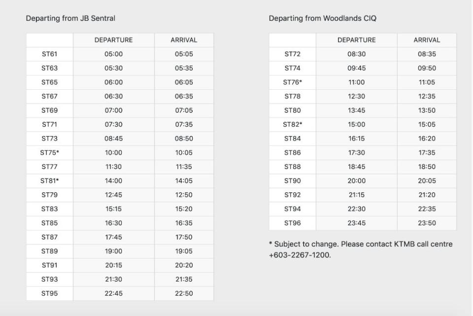 KTM train from Singapore to JB schedule