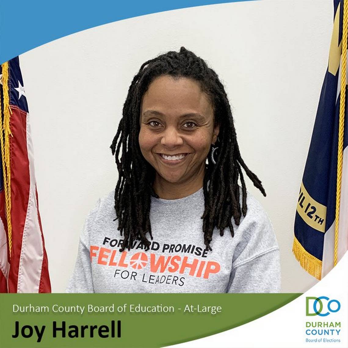 Joy Harrell was elected to an at-large seat on the Durham Public Schools Board of Education in 2024.