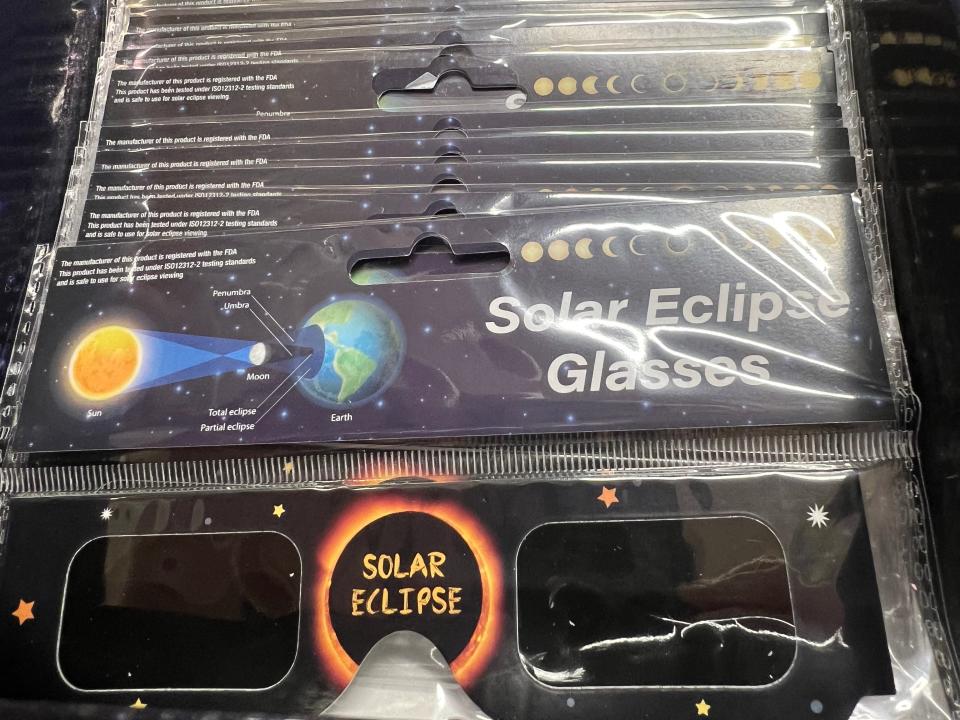 A stack of eclipse glasses is on sale at a Circle K in Orange City, Florida Saturday, April 6, 2024.