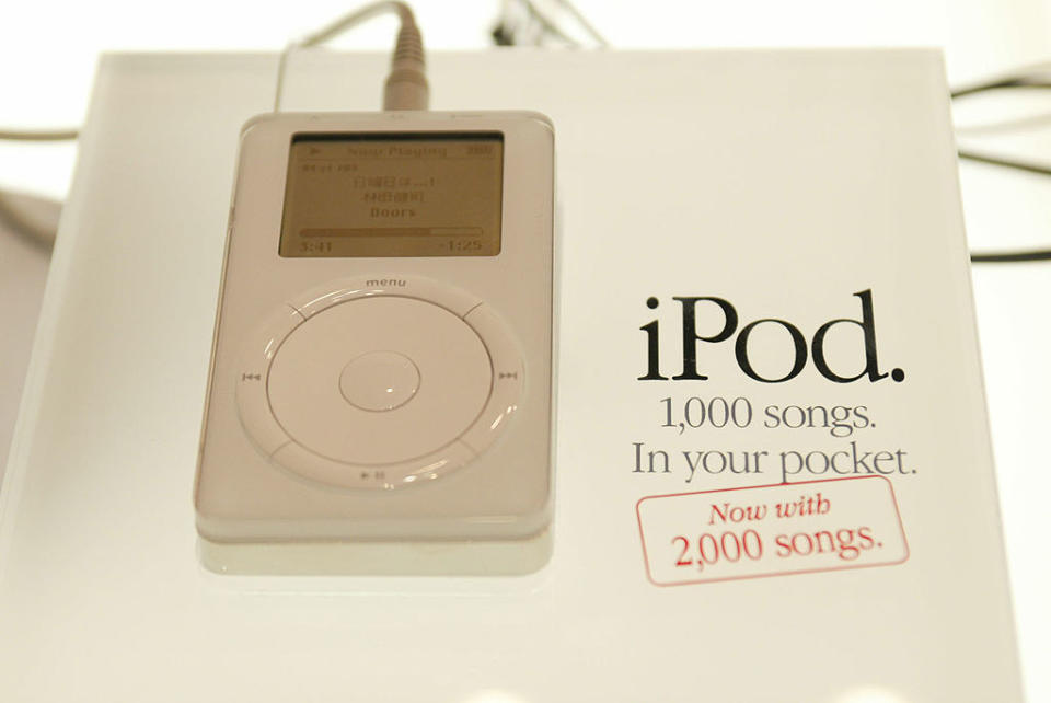 The new iPod is on display on the opening day of the Macworld Expo trade show March 20, 2002 in Tokyo, Japan