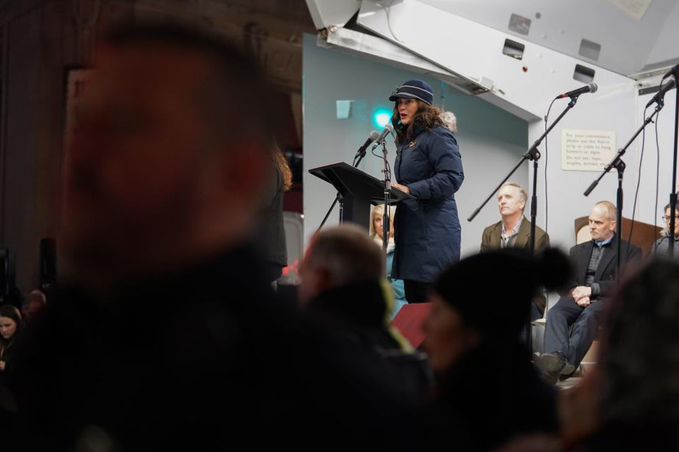 Michigan Governor Gretchen Whitmer speaks during a vigil along M24 in downtown Oxford on Friday, December 3, 2021, for the Oxford community after an active shooter situation at Oxford High School left four students dead and multiple others with injuries.