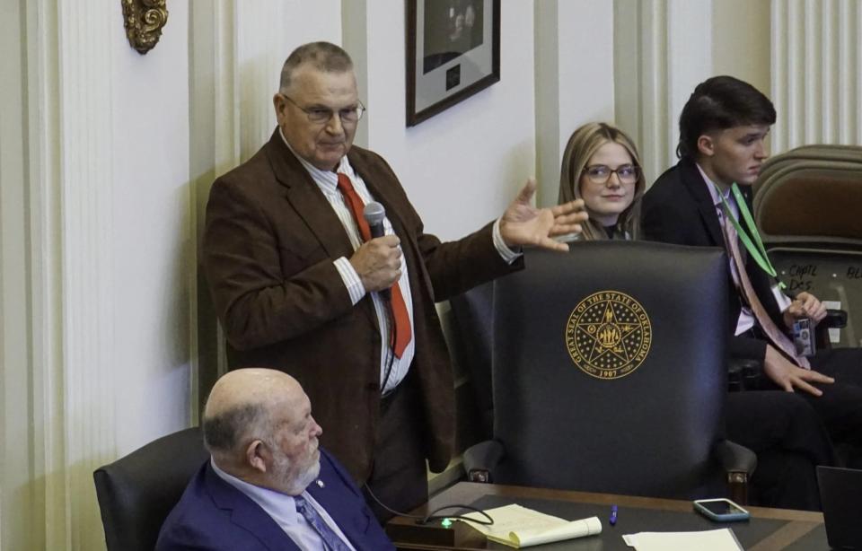 Oklahoma State Rep. Jim Grego defends a bill to shield poultry farmers from litigation during a debate of the Oklahoma State House on Feb. 19.