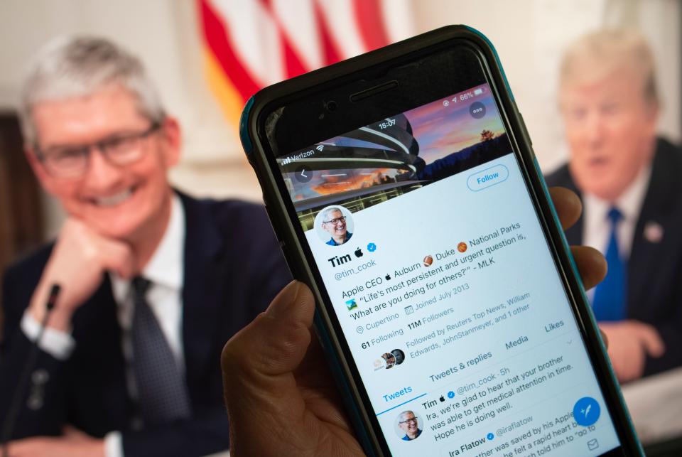 TOPSHOT - This March 7, 2019 photo illustration in Washington, DC shows the Twitter feed of Apple chief executive Tim Cook, who turned into "Tim Apple" on social media Thursday, March 7, 2019 after a slip-up by US President Donald Trump sparked a viral moment on Twitter. - The Twittersphere reacted after a Wednesday, March 6, 2019 White House meeting where the US president thanked "Tim Apple" for the tech giant's investments and job creations. Cook changed his Twitter handle the following morning, using the Apple icon and his first name to get in on the fun. Some Twitter users offered other suggestions for the president including Bill Microsoft (Gates), Elon Tesla (Musk) and even George America (Washington). (Photo by STRINGER / AFP)        (Photo credit should read STRINGER/AFP via Getty Images)