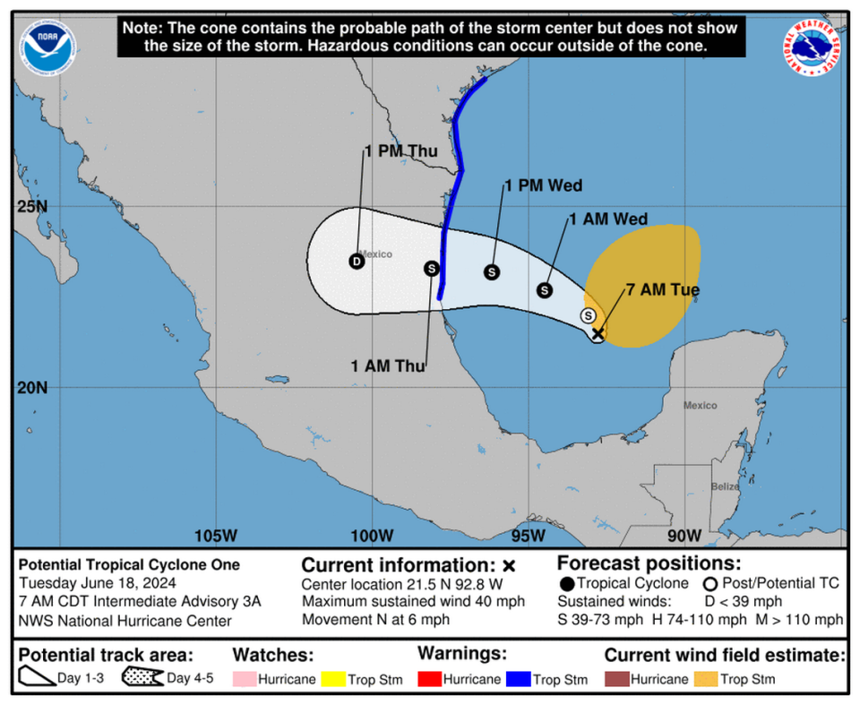 Una trayectoria prevista para un posible ciclón tropical por el Centro Nacional de Huracanes y el Servicio Meteorológico Nacional.