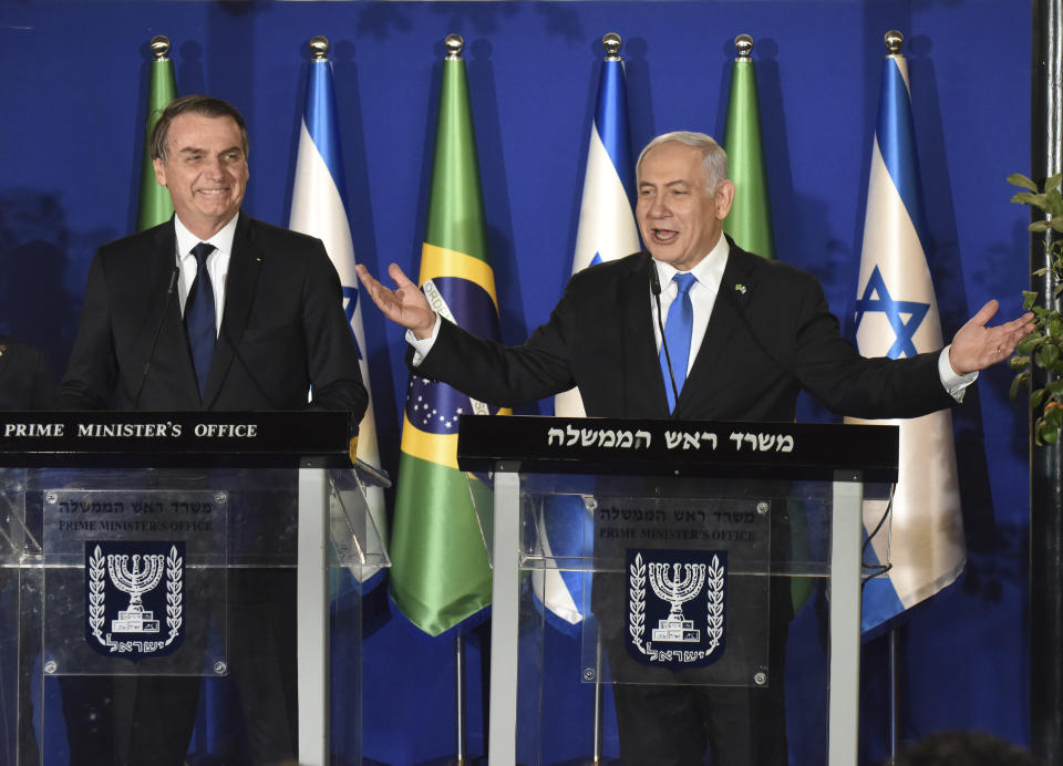 Brazilian President Jair Bolsonaro and Israel Prime Minister Benjamin Netanyahu, right, during a joint media conference at the prime minister's residence in Jerusalem, Sunday March 31, 2019. Bolsonaro is in Israel on a four day official visit. (Debbie Hill/Pool via AP)