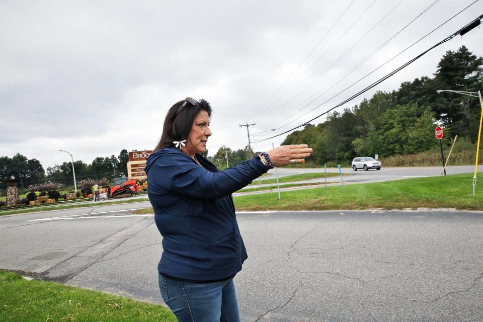 Jessica Edom-Zajac, seen Tuesday, Sept. 26, 2023, in Seabrook, describes the entrance to The Brook Casino, where she and her husband, Jeff Zajac, who were on a motorcycle together, collided with a Toyota Corolla in a crash that took her husband's life in November 2022.