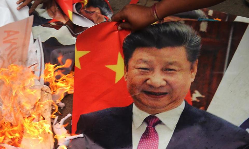 A protest against China in Bengaluru, where pictures of Xi Jinping were burnt.