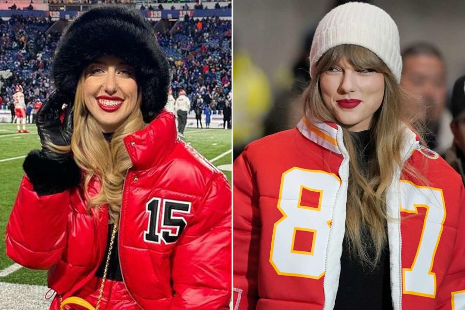 <p>Brittany Mahomes/Instagram; AP Photo/Ed Zurga</p> Brittany Mahomes twins with Taylor Swift with bold red lips at the Chiefs vs. Bills matchup