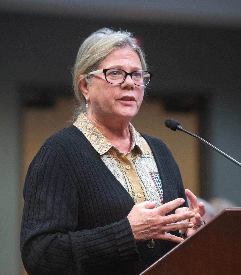 Bridget Engle of Madison, owner of the Farmers Table Cooking School in Livingston, expresses how they have invested their life and savings into the establishment. They've put in their "blood, sweat and tears," Engle said, speaking against the addition of an assisted living facility in Livingston during a Madison County Board of Supervisors meeting in Canton on Thursday.