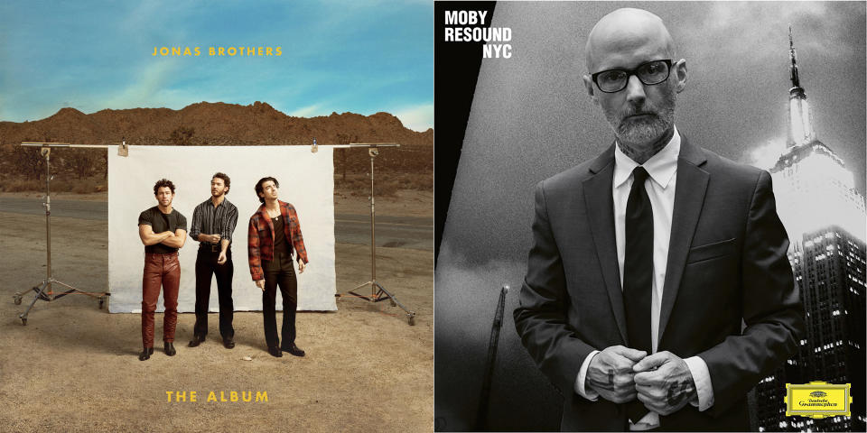 This combination of images shows cover art for “The Album,” by the Jonas Brothers, left, and “Resound NYC,” by Moby. (Republic Records/Deutsche Grammophon via AP)