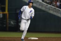 Jun 21, 2018; Omaha, NE, USA; Florida Gators first baseman JJ Schwarz (22) rounds the bases after hitting a home run against the Texas Tech Red Raiders in the sixth inning in the College World Series at TD Ameritrade Park. Mandatory Credit: Bruce Thorson-USA TODAY Sports