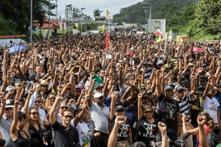 A protest at the Kourou space centre in French Guiana on Tuesday, part of a general strike that has paralysed the territory