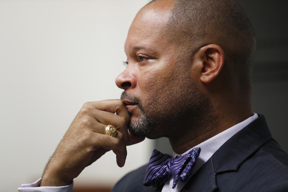 Nevada's incoming Attorney General Aaron Ford speaks with The Associated Press, Friday, Dec. 14, 2018, in Las Vegas. Ford wants to find a way to implement a stalled, voter-approved gun background check law when he takes office early next year after his predecessor, Republican Adam Laxalt, said the measure couldn’t be enforced. (AP Photo/John Locher)