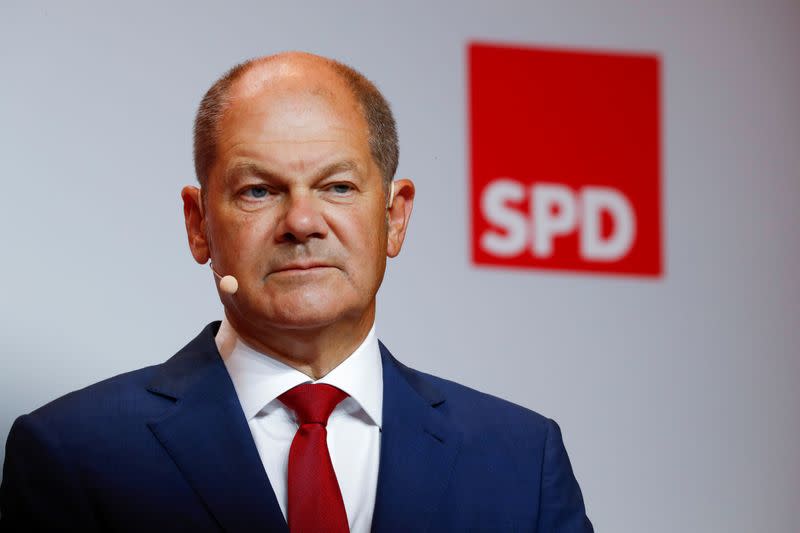 Olaf Scholz, who says he has been proposed by his Social Democratic Party (SPD) leadership as their candidate for the Chancellor at next year's elections, attends a news conference in Berlin