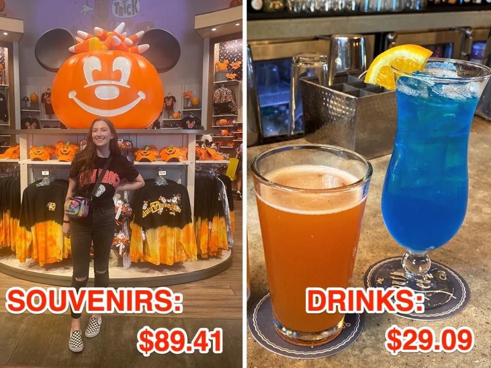 Photos of souvenirs and drinks at Disney Springs with prices.