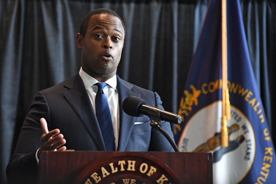 FILE - In this Sept. 23, 2020, file photo, Kentucky Attorney General Daniel Cameron addresses the media following the return of a grand jury investigation into the death of Breonna Taylor, in Frankfort, Ky. A Kentucky legislative panel has recommended that no further action be taken on impeachment petitions filed by citizens against Gov. Andy Beshear and Cameron. (AP Photo/Timothy D. Easley, File)