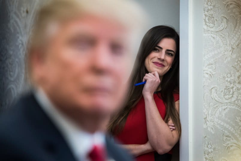 WASHINGTON, DC – FEBRUARY 2: Madeleine Westerhout watches as President Donald Trump speaks during a meeting with North Korean defectors in the Oval Office at the White House in Washington, DC on Friday, Feb. 02, 2018. President Donald Trump talked to reporters and members of the media about the release of a secret memo on the F.B.I.’s role in the Russia inquiry. (Photo by Jabin Botsford/The Washington Post via Getty Images)