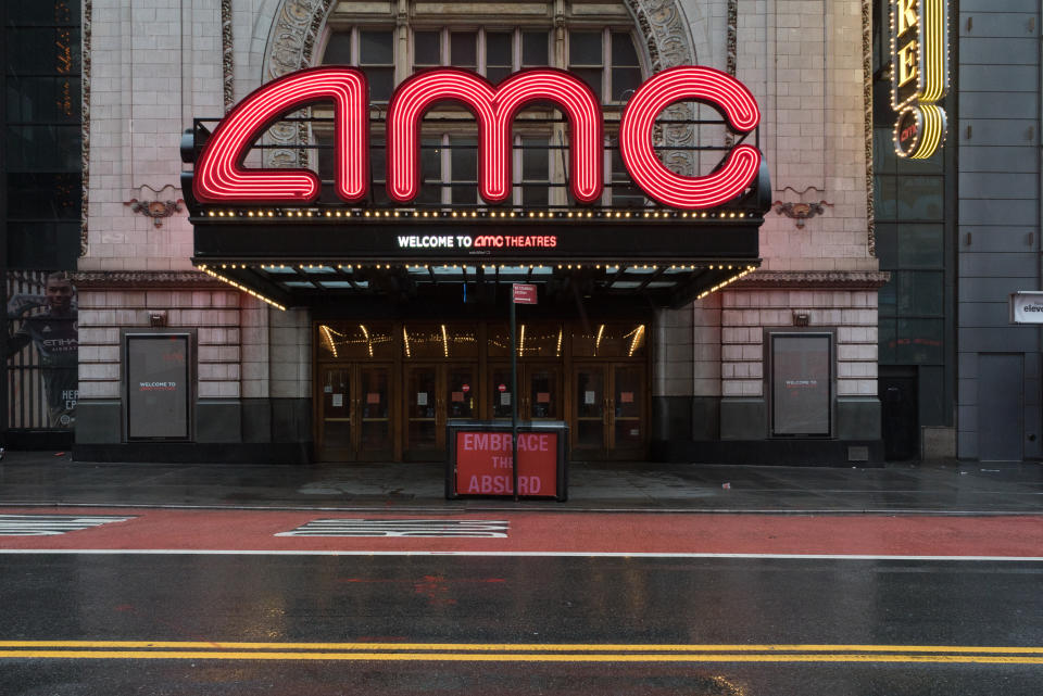 Manhattan, New York.  July 10, 2020. An AMC movie theater on 42nd Street in Midtown.