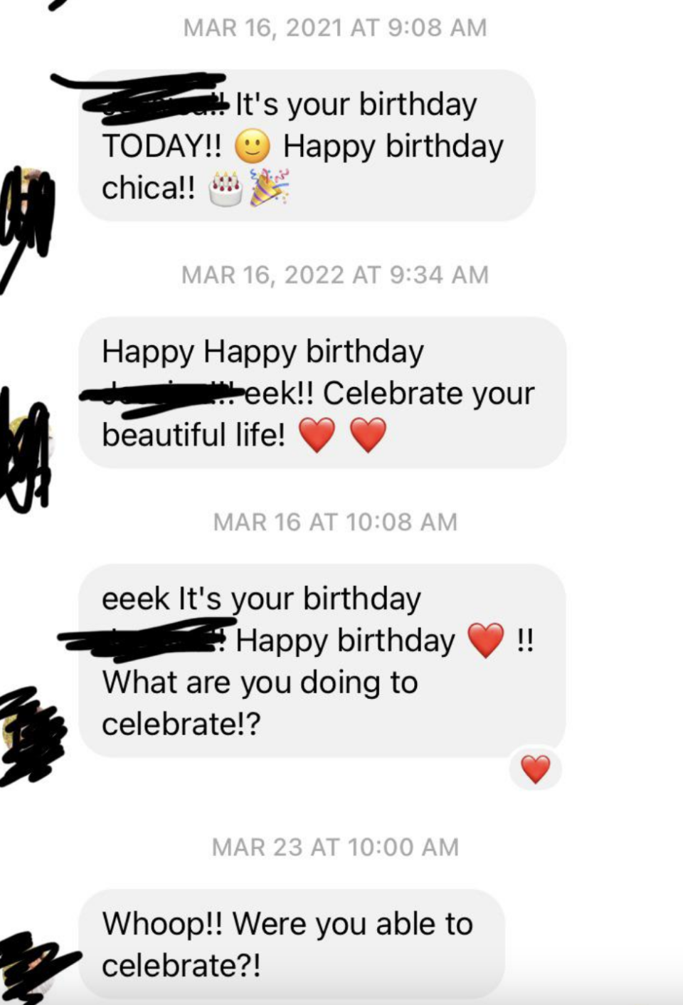 several messages over the years saying happy birthday