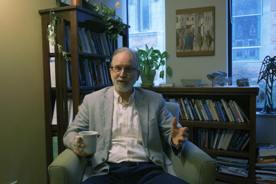 Paul Ruff, a licensed psychologist and director of counseling services at Saint Paul Seminary, discusses the importance of ongoing formation for Catholic seminarians and priests in his office in St. Paul, Minn., on Friday, Sept. 29, 2023. Ruff says a robust prayer life is important to mental health, but so are activities like workshops that can help overcome the isolation that many clergy feel. (AP Photo/Giovanna Dell'Orto)