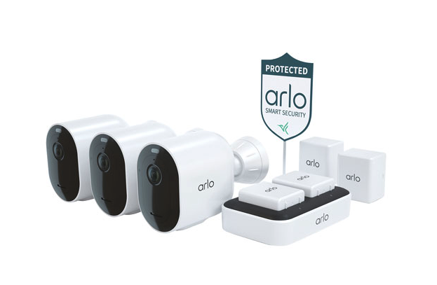 Arlo Pro 4 Wire-Free Outdoor 2K HD Camera Security Bundle in white. Image via Best Buy.