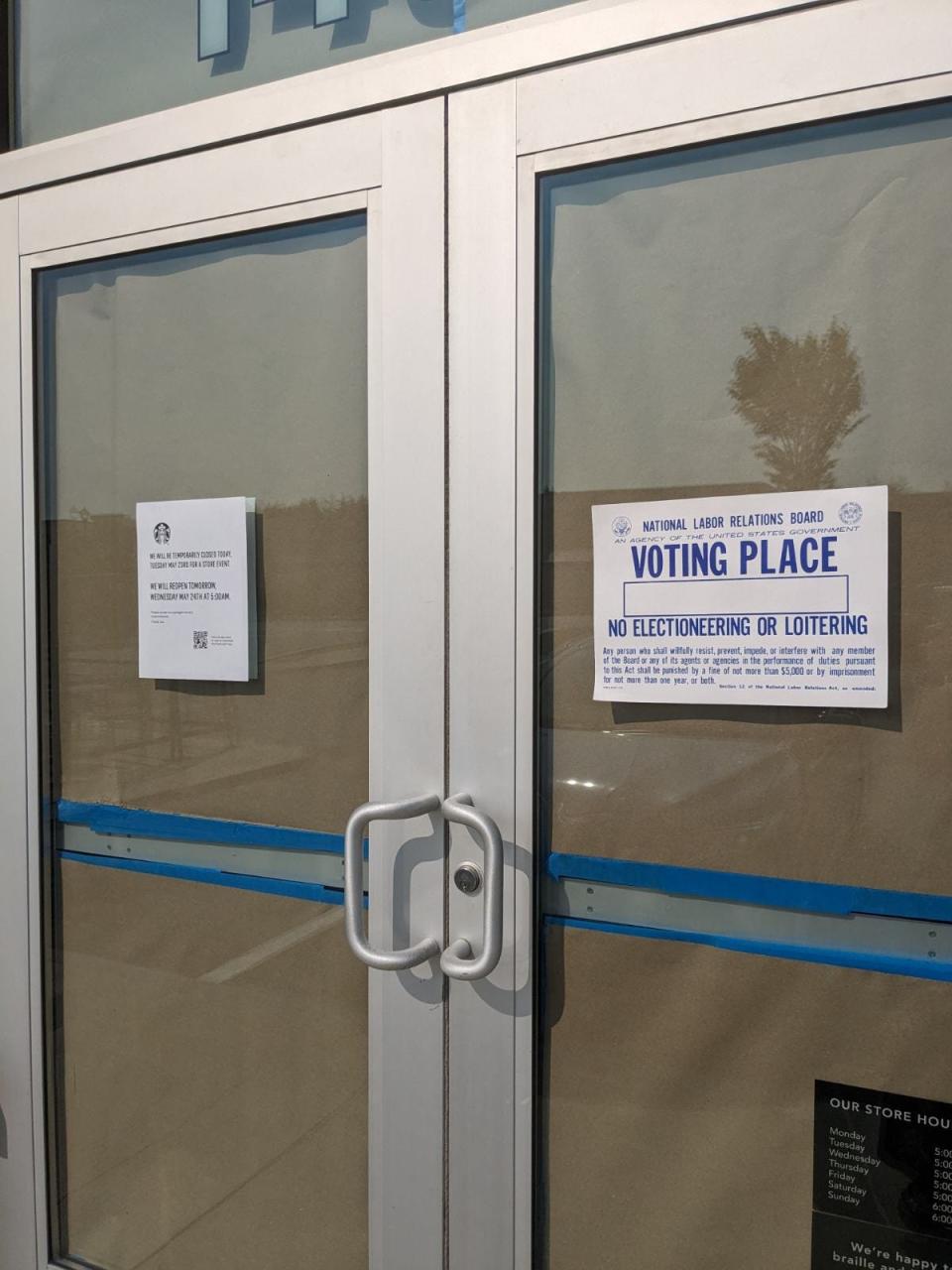 Signs posted at Starbucks at the Ridge Marketplace in Rochester Tuesday, May 23, 2023, indicate the store is closed during a vote by workers to unionize.