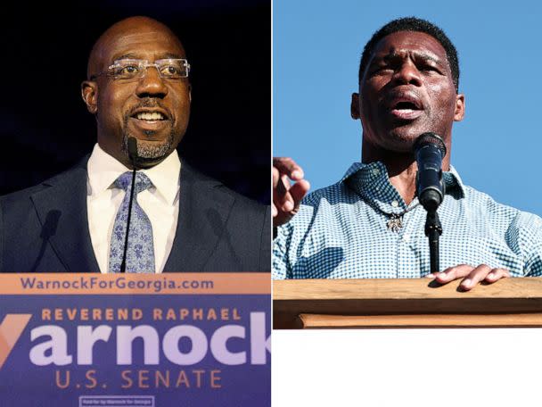 PHOTO: Raphael Warnock, Democratic Senator from Georgia, speaks to supporters at a U.S. midterm election night party in Atlanta, Nov. 9, 2022. Republican candidate for U.S. Senate Herschel Walker is shown at a campaign stop in Newnan, Ga., Nov. 4, 2022.  (Reuters)