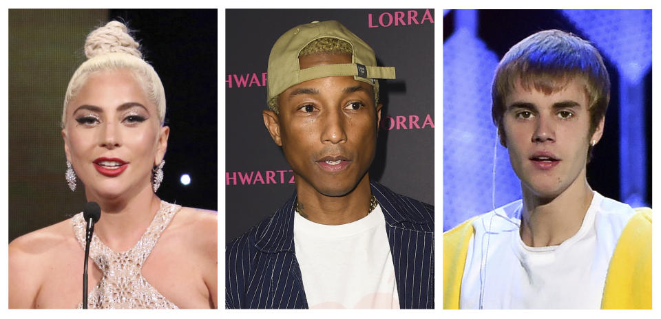 This photo combo of file photos shows Lady Gaga, Pharrell Williams and Justin Bieber. The Recording Academy’s Task Force on Diversity and Inclusion is a launching a new initiative to create and expand more opportunities to female music producers and engineers. The academy announced The Producer & Engineer Inclusion Initiative on Friday, Feb. 1, 2019, which asks that musicians, labels and others consider at least two female producers or engineers when working on a project. More than 200 have already pledged, including Lady Gaga, Justin Bieber, Pearl Jam, Pharrell and Ariana Grande. (Willy Sanjuan, Jordan Strauss, Evan Agostini/Invision/AP, File)