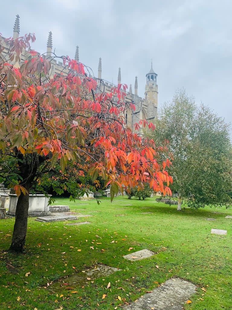 Side view of Eton College Chapel with autumn trees in the foreground in Eton, Berkshire, England