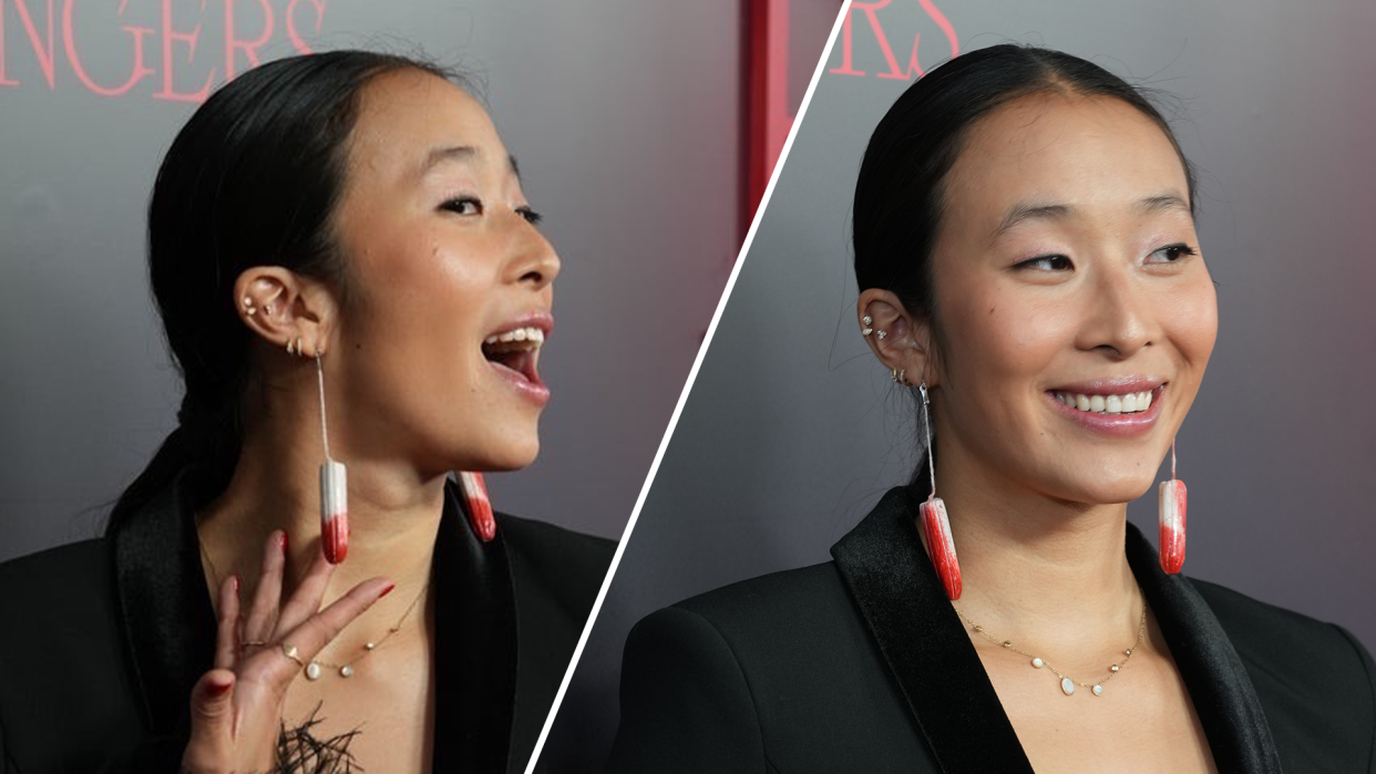 Period activist Nadya Okamoto wore earrings that look like bloody tampons to destigmatize periods. (Photo courtesy of Nadya Okamoto) 