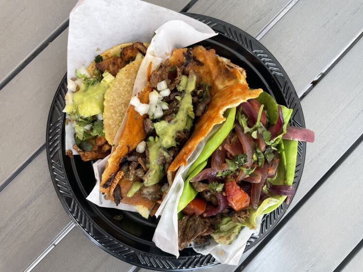 From left, an al pastor taco, a carne asada keto taco and a lomo saltado protein taco from Pablito's World in Chinatown.