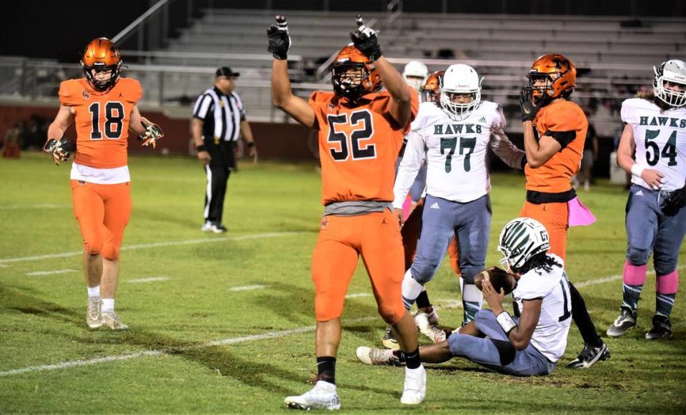 Merced High School junior Jalonn Booth records one of his two sacks during a 56-14 win over Central Valley on Fridya, Oct. 21, 2022 at Cathie Hostetler Stadium at Merced High School. Shawn Jansen/Sjansen@mercedsun-star.com