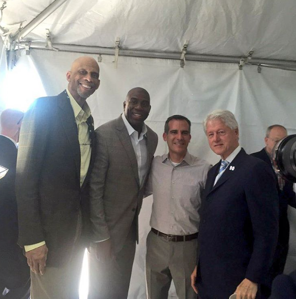 Kareem Abdul-Jabbar, Magic Johnson, Eric Garcetti, and Bill Clinton