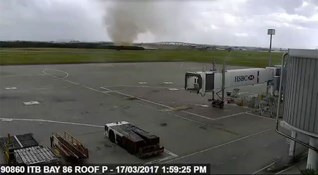 CCTV captured the landspout making its way towards the runway. Picture: Brisbane Airport