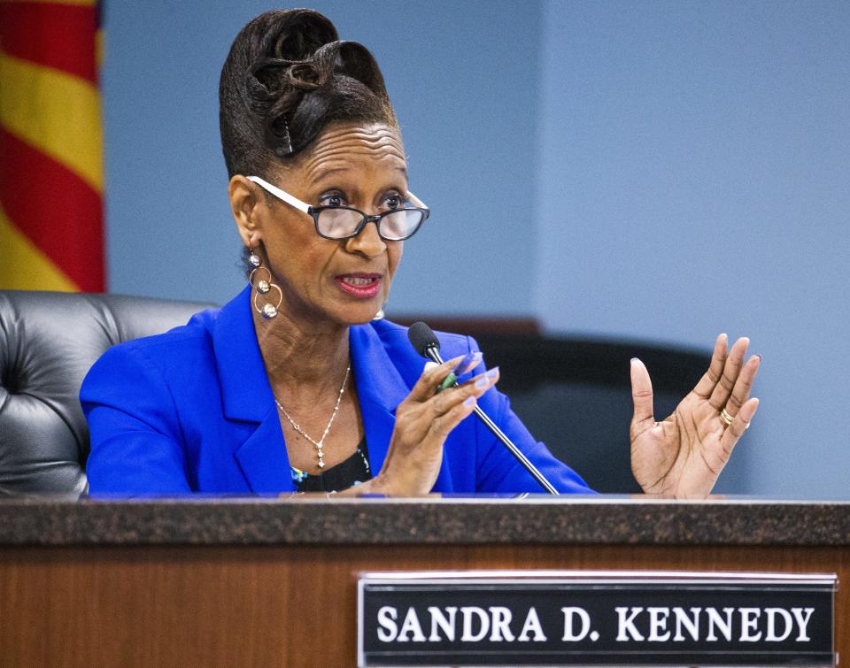 Arizona Corporation Commissioner Sandra Kennedy questions Don Brandt, CEO of Arizona Public Service and its parent company, Pinnacle West Capital Corp., at the Arizona Corporation Commission in Phoenix on Sept. 4, 2019.