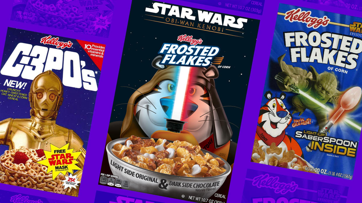 Obi-Wan Kenobi Star Wars cereal is on shelves now, but how does it compare to previous cereals from a galaxy far, far away? (Photo: Kellogg's; designed by Quinn Lemmers)