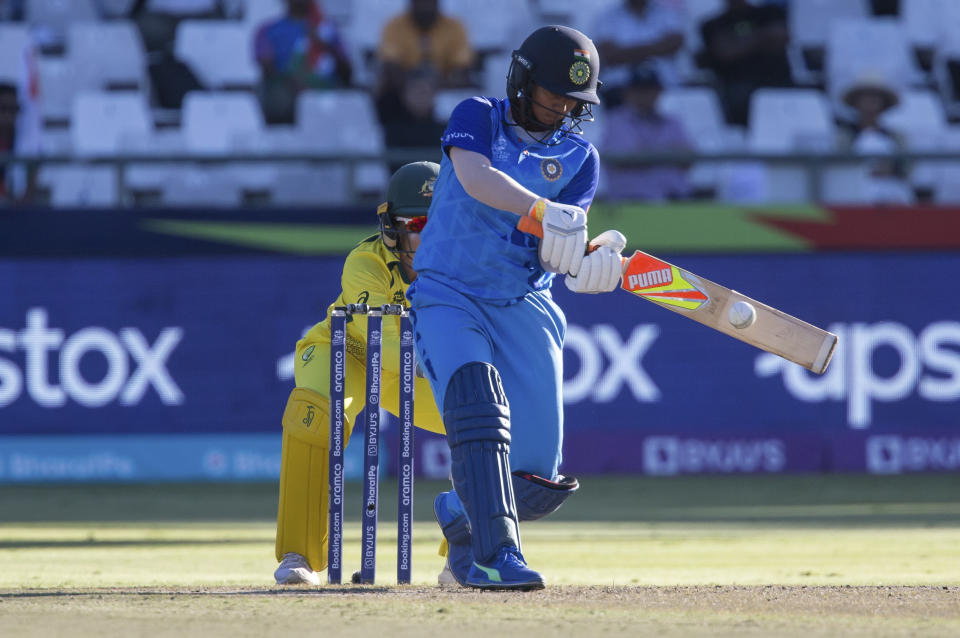 India's Sneh Rana in action against Australia during the Women's T20 World Cup semi final cricket match in Cape Town, South Africa, Thursday Feb. 23, 2023. (AP Photo/Halden Krog)