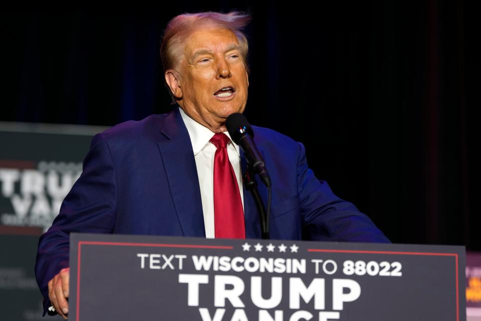 Republican presidential nominee former President Donald Trump speaks at a campaign stop Saturday, Sept. 28, 2024, in Prairie du Chien, Wis (AP)