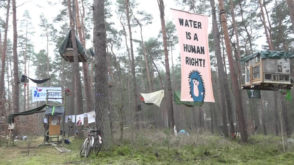 A camp set up by environmental activists is seen in a forest in Brandenburg, Germany, in a protest against the electric car manufacturer Tesla, March 1, 2024. / Credit: Cevin Dettlaff/picture alliance/Getty