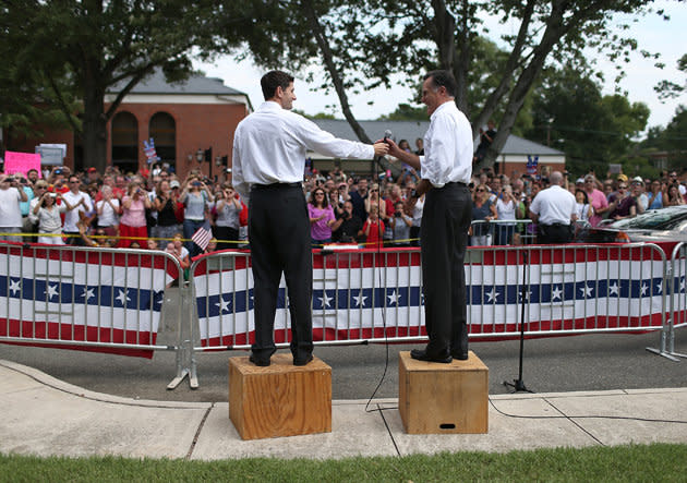 Paul Ryan and Mitt Romney in Ashland, Va. (Justin Sullivan/Getty Images)